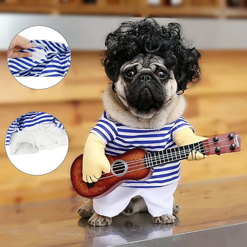 Pet Guitar Costume for Cats/Dogs Halloween Christmas Cosplay Funny Outfit Striped Head Guitarist Party Clothes Nylon Material