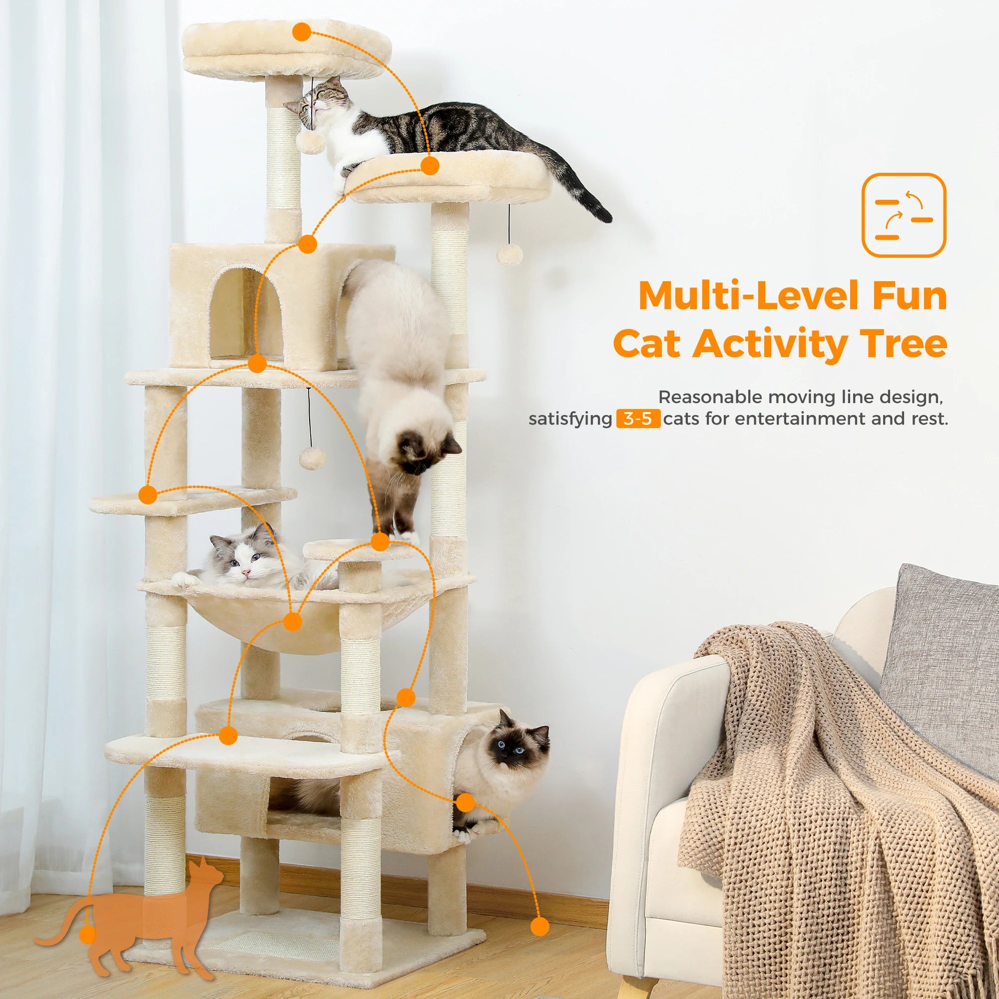Large Cat Tree Tower with Sisal Scratching Posts Spacious Hammock Padded Perches Condos And Toys for Indoor Cats Grey/Beige/Deep Grey/Black/Red