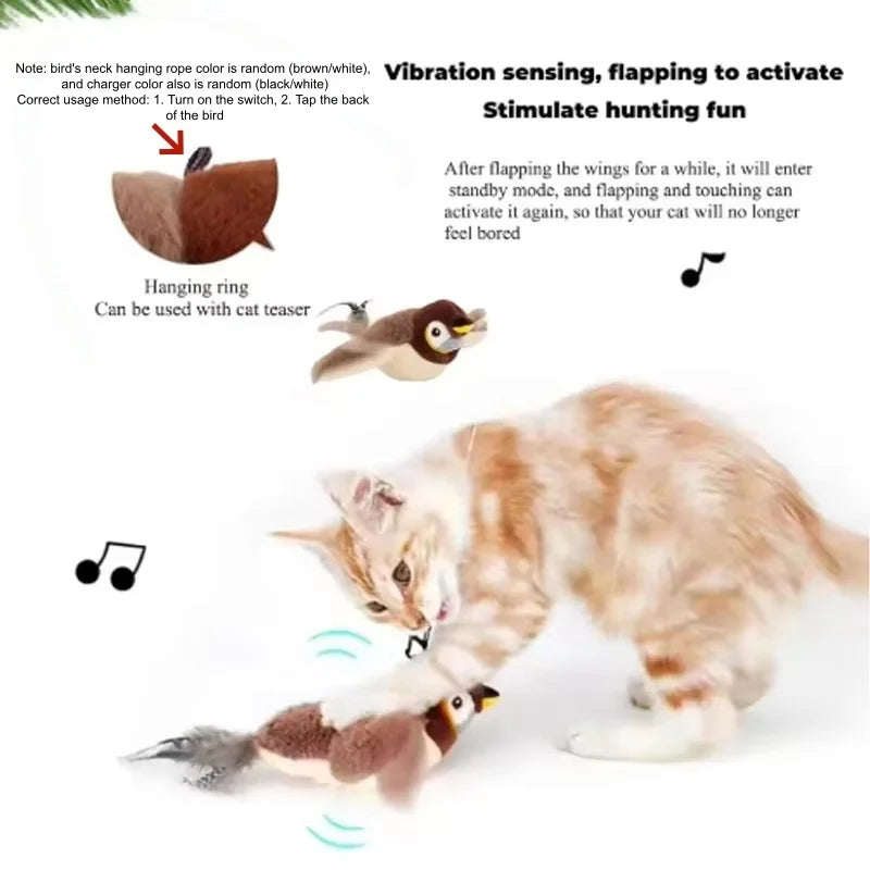 Interactive Rechargeable Chirping Flapping Bird Toy Touch Activated Plush Simulated Bird for Cats Dogs Soft Pet Toy No Flying