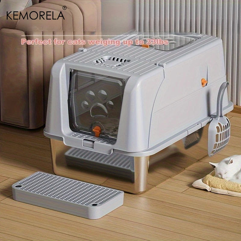 Extra Large Convertible Stainless Steel Cat Litter Box with Detachable Flip Cover Pedal & Scoop - Fully Or Semi-Enclosed Option