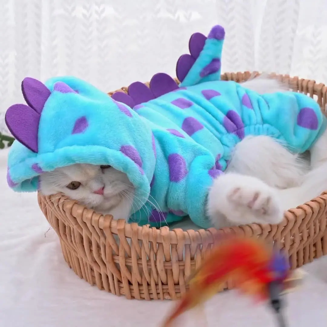 Dinosaur Plush Pet Costume for Cats & Dogs Winter Flannel 4-Leg Jumpsuit Cute Cosplay Outfit for Party Festival