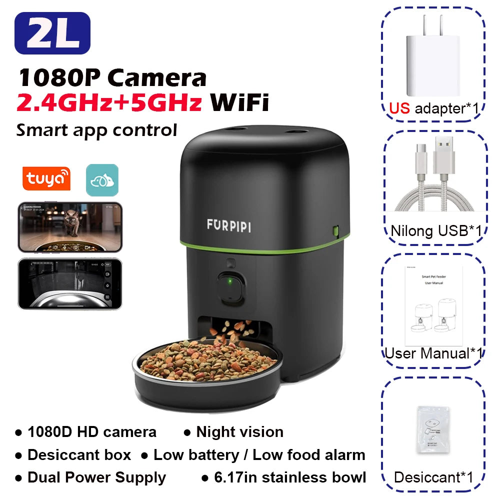 1080P HD Camera Automatic Cat Feeder Smart Food Dispenser with 5G WiFi Tuya Pet Kibble Feeder Stainless Steel Dog Accessories