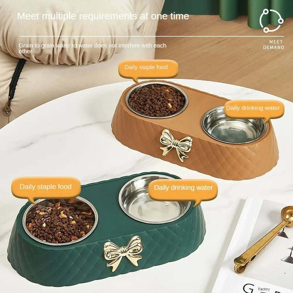 Pet Bow-tie Bowknot Double Bowl Stainless Steel Food Dish with PP Base for Cats And Dogs Eco-Friendly Light Luxury Design