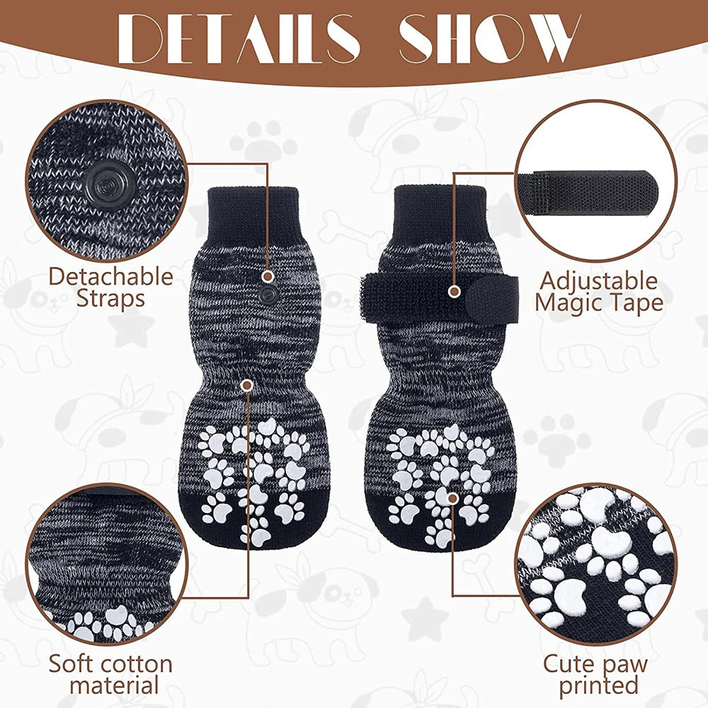 4PCS Pet Shoes Dog Foot Covers Adjustable Non-Slip Socks Cotton Blends Indoor Outdoor Wearable Dog Socks for Comfort