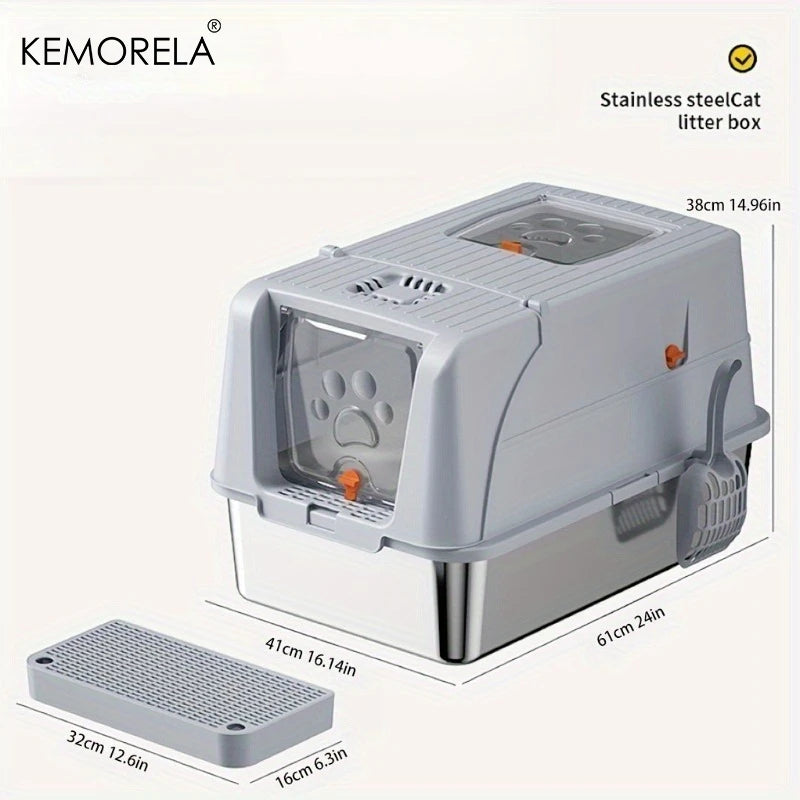 Extra Large Convertible Stainless Steel Cat Litter Box with Detachable Flip Cover Pedal & Scoop - Fully Or Semi-Enclosed Option