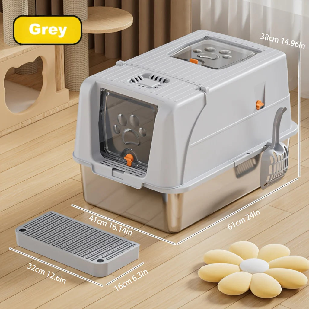 Extra Large Convertible Stainless Steel Cat Litter Box with Detachable Flip Cover Pedal & Scoop - Fully Or Semi-Enclosed Option