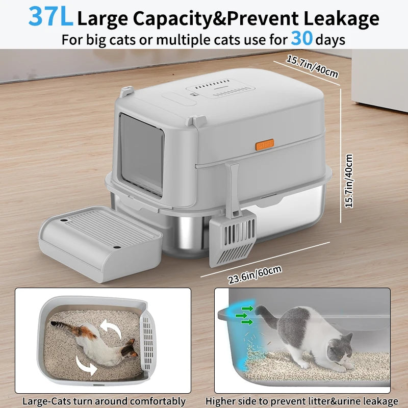 Large Stainless Steel Cat Litter Box Splash-Proof Deodorant Easy to Clean Cat Toilet Grey Metal with Plastic Interior