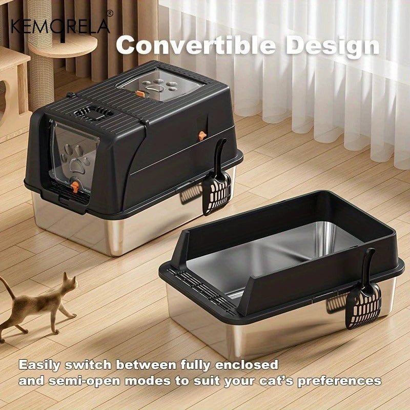 Extra Large Convertible Stainless Steel Cat Litter Box with Detachable Flip Cover Pedal & Scoop - Fully Or Semi-Enclosed Option