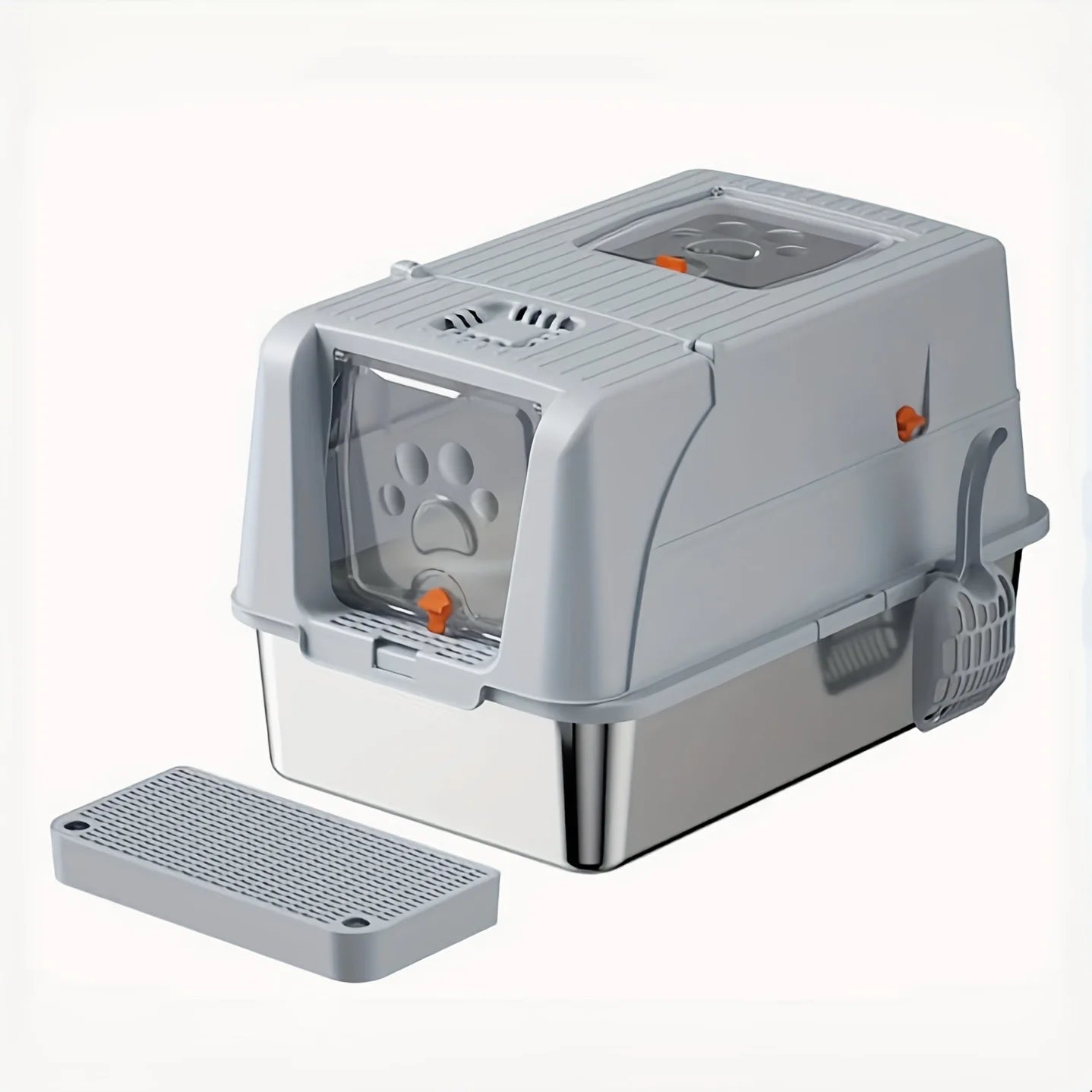 Extra Large Convertible Stainless Steel Cat Litter Box with Detachable Flip Cover Pedal & Scoop - Fully Or Semi-Enclosed Option