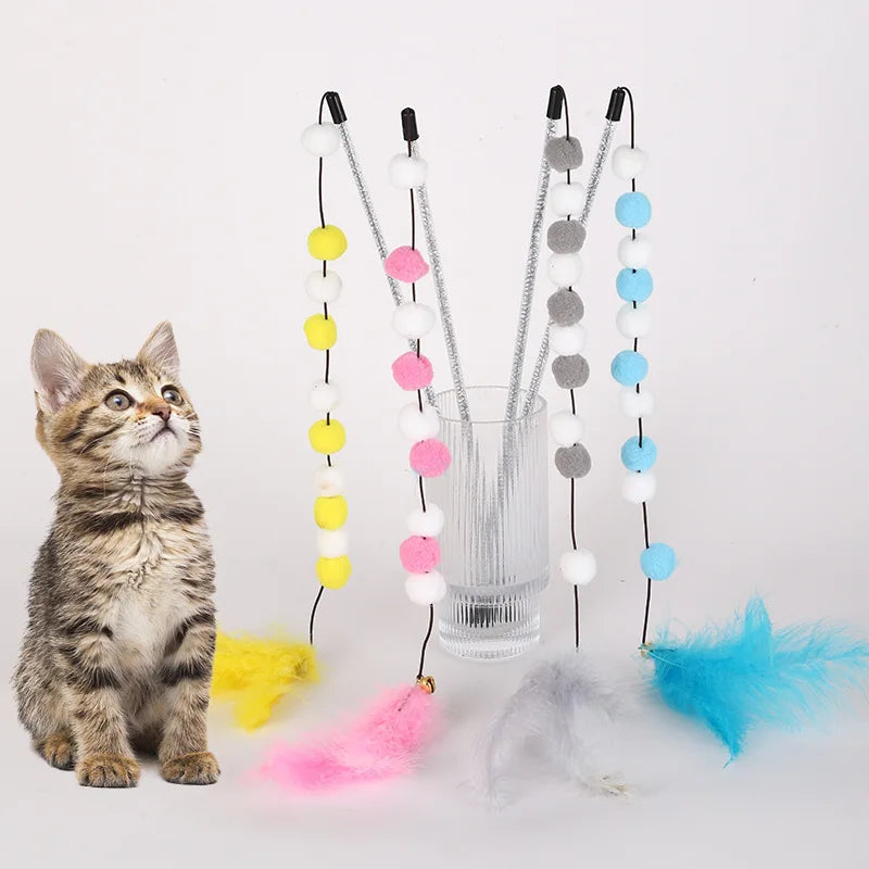 Interactive Kitten Cat Teaser Toy with Bell And Feather Stick - Fun Pet Toy for Cats Eye-Catching Teaser Rod for Cats