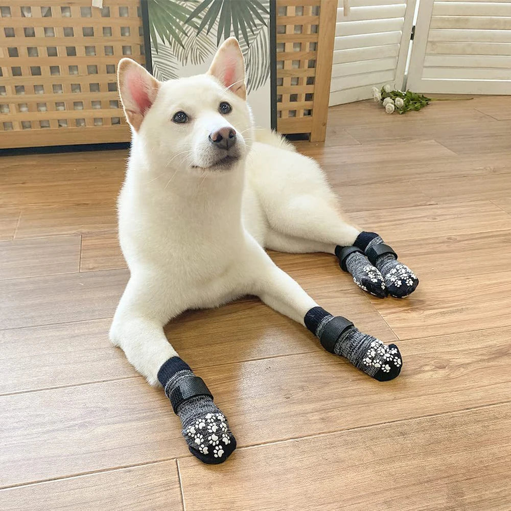 4PCS Pet Shoes Dog Foot Covers Adjustable Non-Slip Socks Cotton Blends Indoor Outdoor Wearable Dog Socks for Comfort