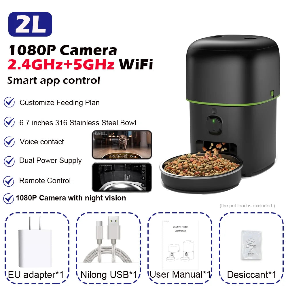 Smart Automatic Cat Feeder with Camera Food Kibble Dispenser 2.4G/5G WiFi Tuya APP Control for Cats And Dogs Pet Accessories