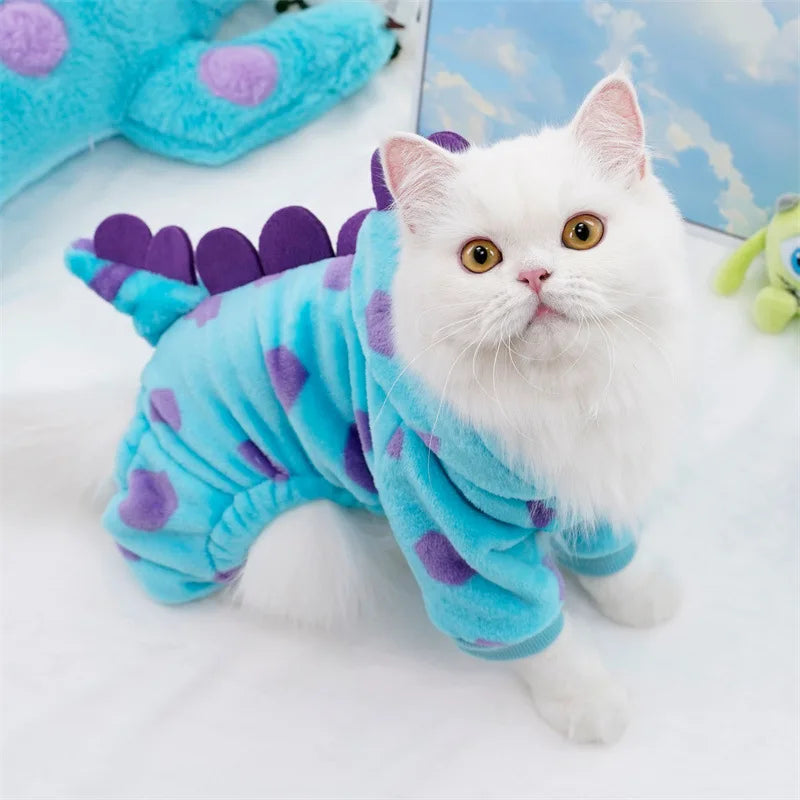 Dinosaur Plush Pet Costume for Cats & Dogs Winter Flannel 4-Leg Jumpsuit Cute Cosplay Outfit for Party Festival