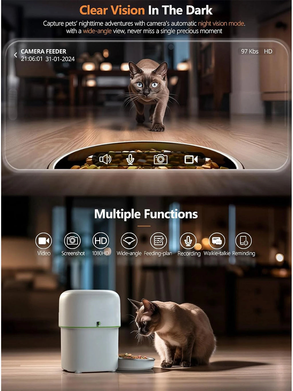 1080P HD Camera Automatic Cat Feeder Smart Food Dispenser with 5G WiFi Tuya Pet Kibble Feeder Stainless Steel Dog Accessories