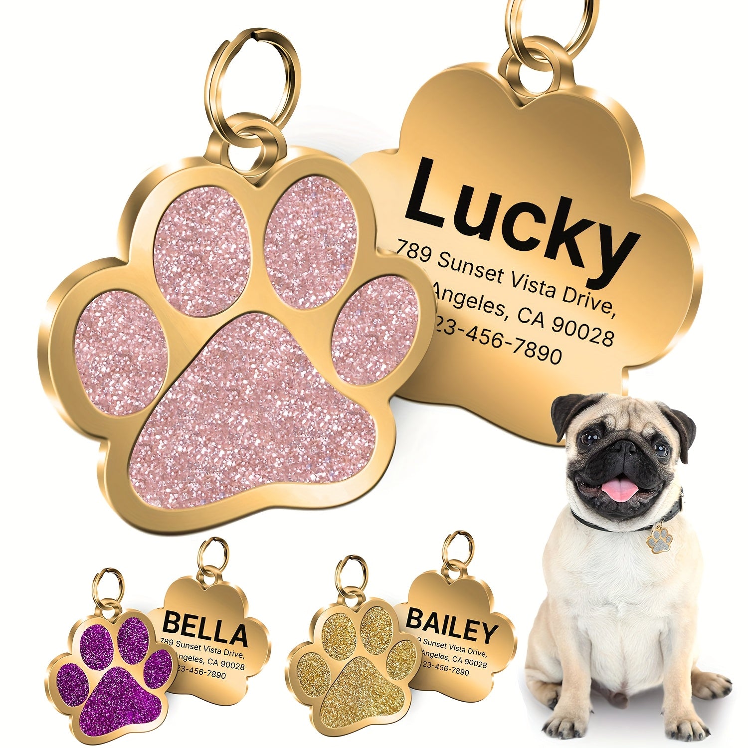 Custom Personalized Engraved Nameplates For Pets Dogs And Cats ID Name Phone Address Alloy Tags Anti-loss Custom Pet Paw Shape Dog Tags Clear Non-fading Durable Customized Metal Hang Tags For Dogs And Cats